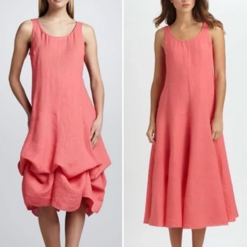 EILEEN FISHER Coral Irish Linen Bustle A-line Sleeveless Midi Dress Size Small